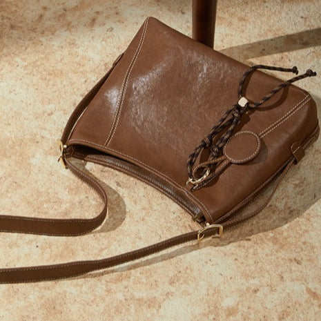 Women's Full-Grain Cowhide Contrast Stitch Hobo Bag