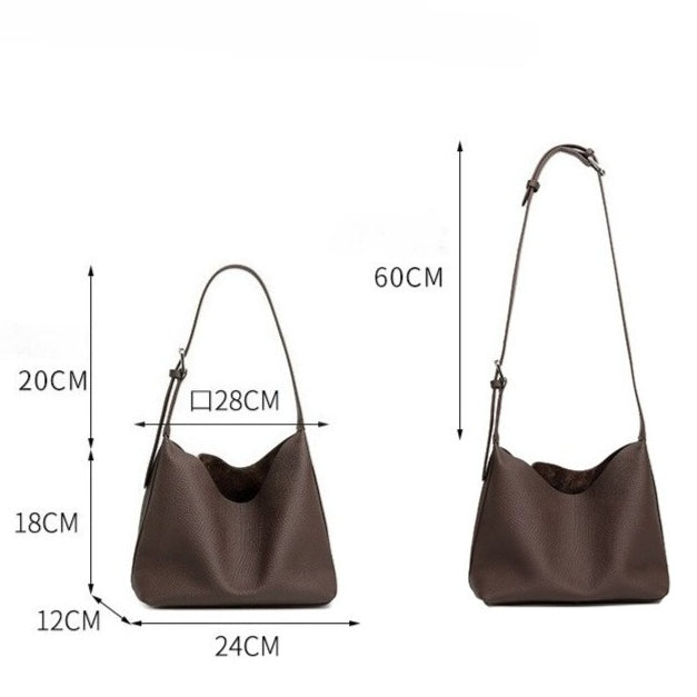 Women's TC Full-Grain Cowhide Hobo Bucket Bag with Adjustable Strap