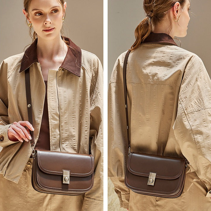 Women's Plain Cowhide Curved Satchel with Twist-Lock Closure