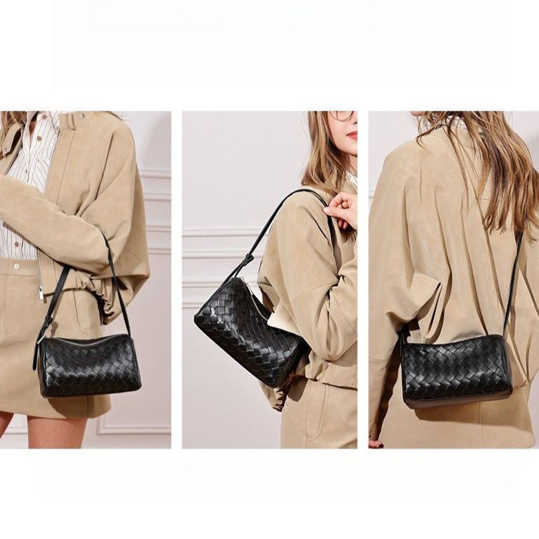 Women's Woven Sheepskin Baguette Bag with Adjustable Strap