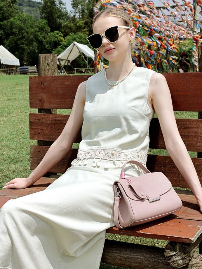Women's Genuine Leather Square Flap Bag with Magnetic Closure