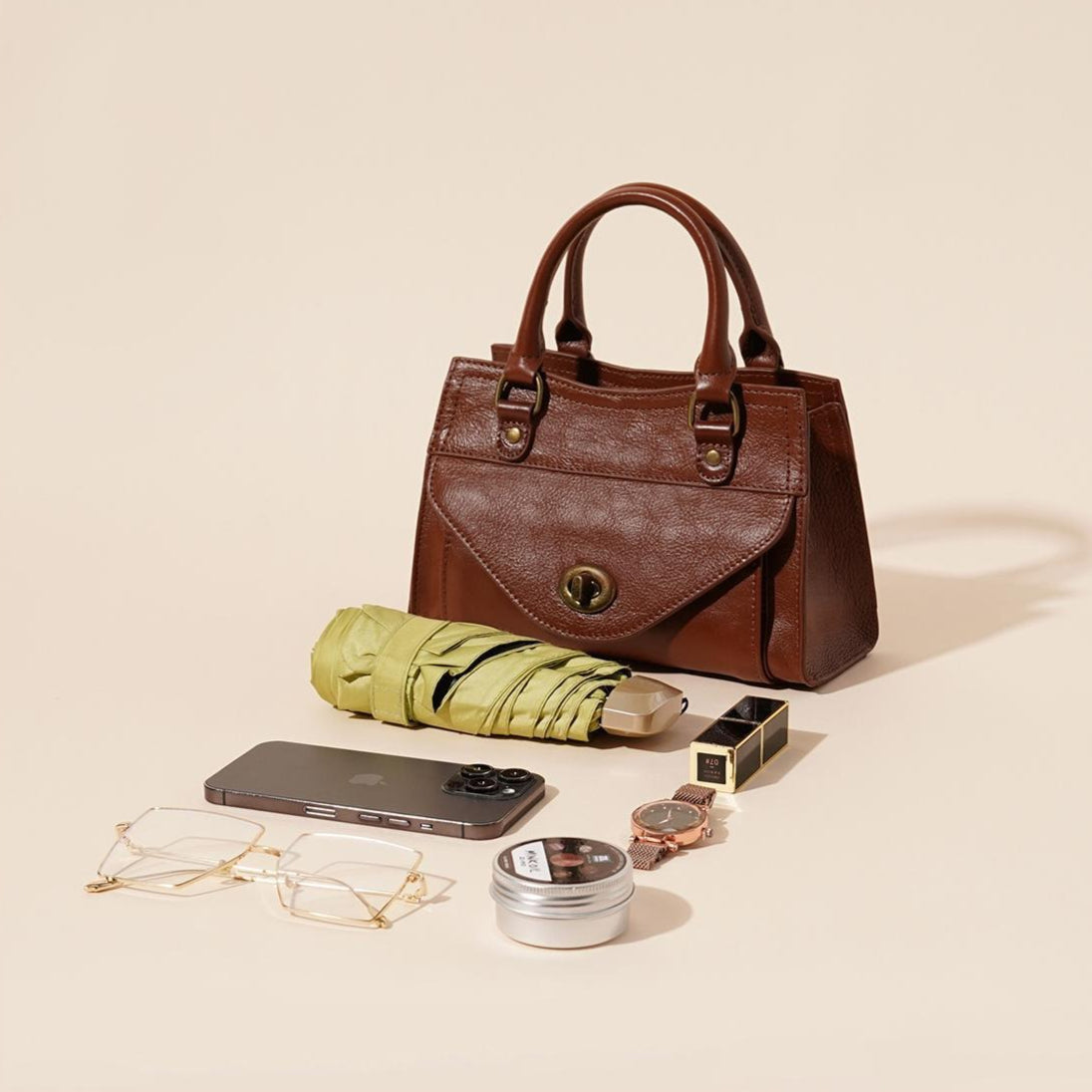 Women's Oil-Waxed Cowhide Turnlock Mini Top Handle Bag