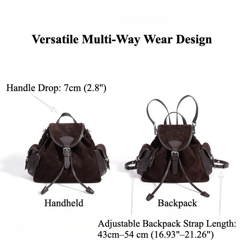 Women's Suede Leather Convertible Flap Backpack with Side Pockets