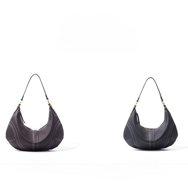 Women's Pebbled Cowhide Curved Hobo Bag with Contrast Stitching
