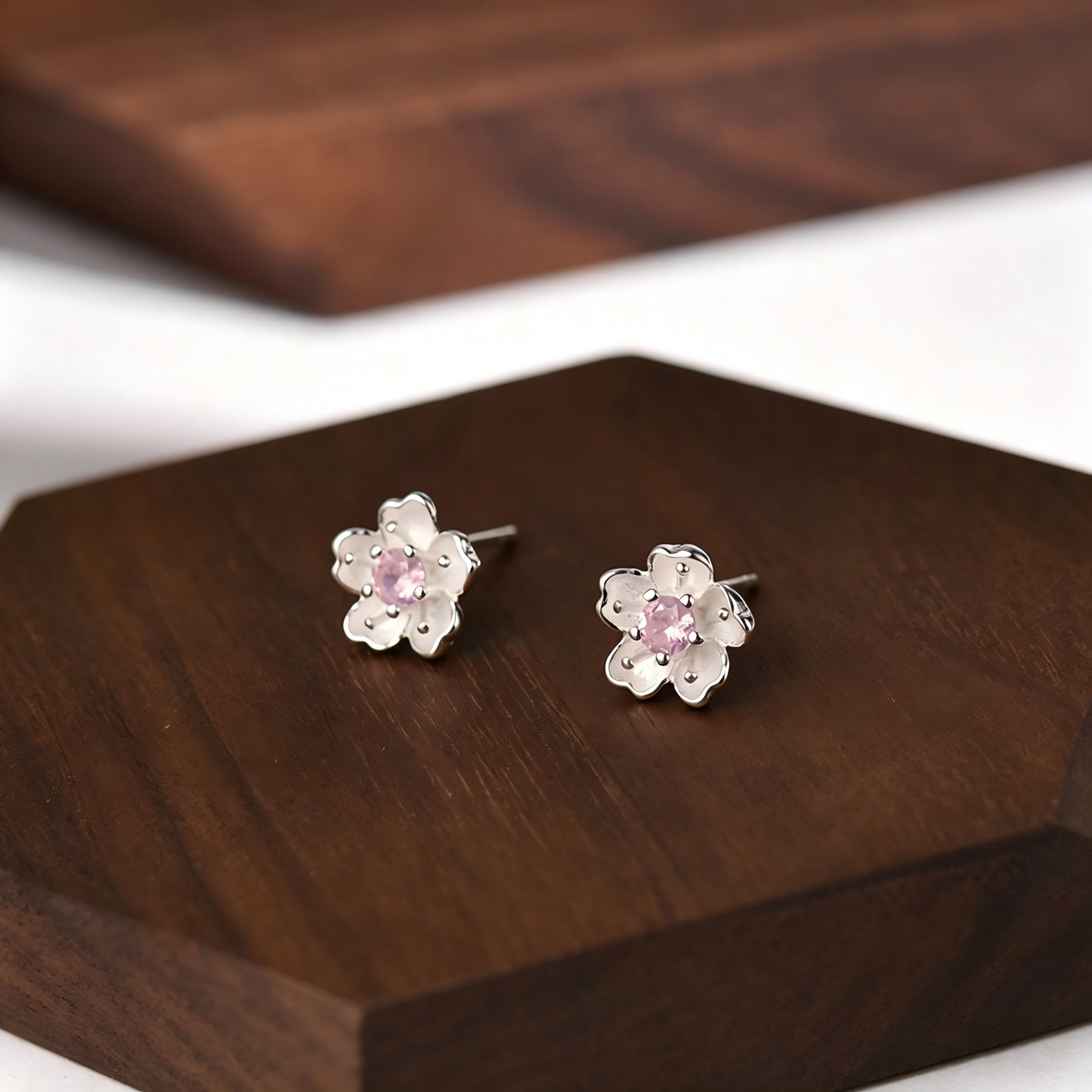 S999 Sterling Silver Sakura Stud Earrings Cherry Blossom Design