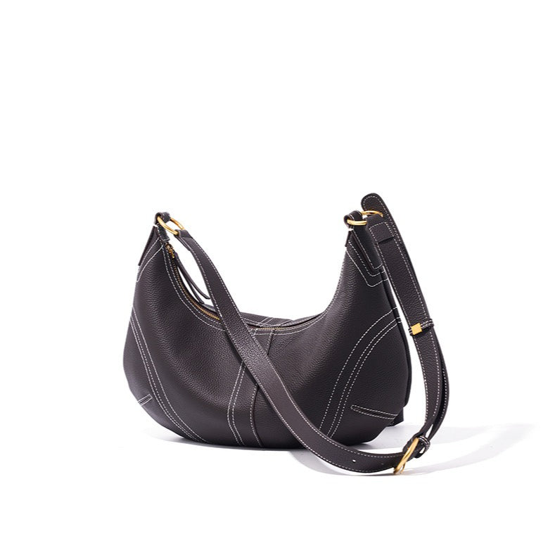 Women's Pebbled Cowhide Curved Hobo Bag with Contrast Stitching