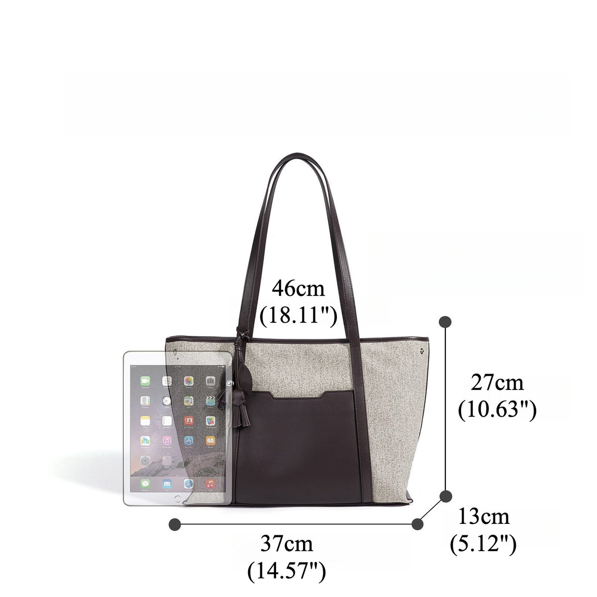Women's Canvas Tote Bag with Genuine Leather Panels and Tassel Charm