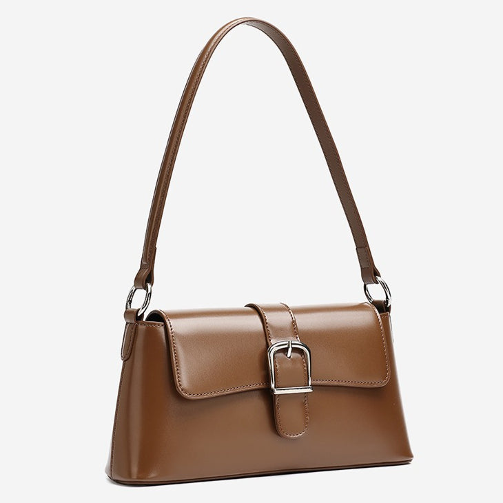 Women's Genuine Leather Vintage Baguette Shoulder Bag with Buckle