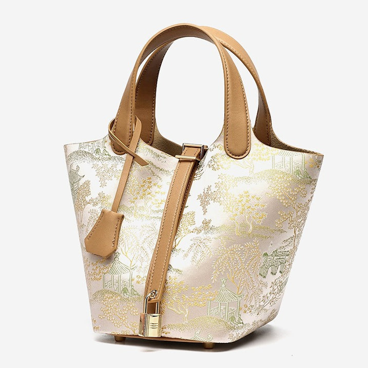 Women's Oriental Garden Genuine Leather Bucket Bag with Charm