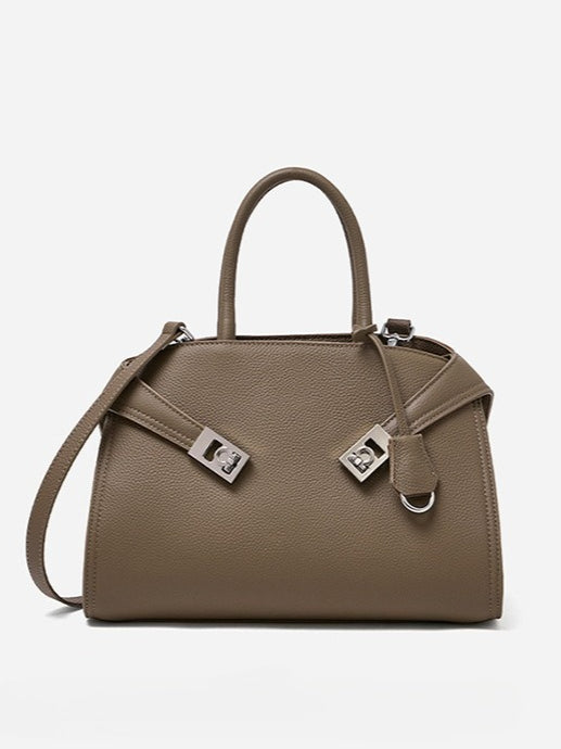 Women's Lychee-Grain Cowhide Double-Buckle Convertible Tote