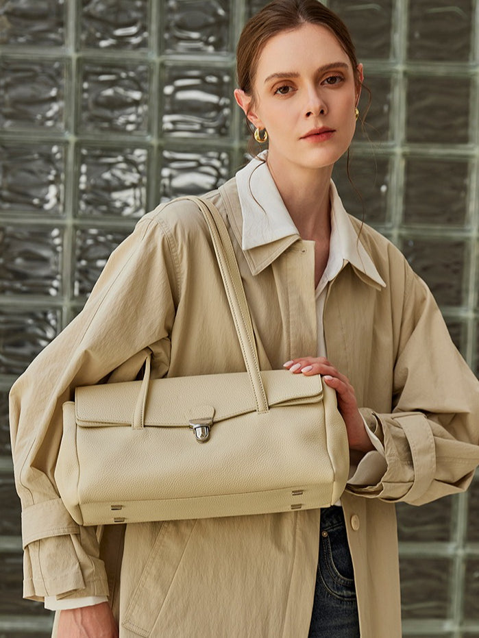 Women's Pebbled Cowhide Flap Tote with Twist-Lock Closure