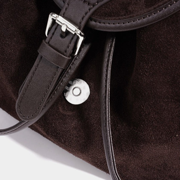 Women's Suede Leather Convertible Flap Backpack with Side Pockets