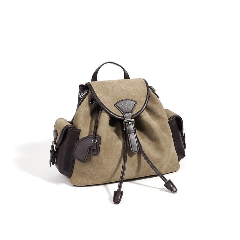 Women's Suede Leather Convertible Flap Backpack with Side Pockets