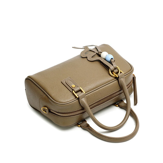 Women's Genuine Leather Boston Bag with Wavy Charm