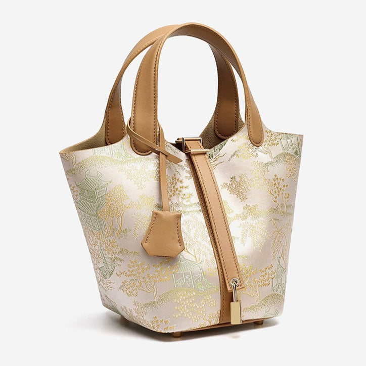 Women's Oriental Garden Genuine Leather Bucket Bag with Charm
