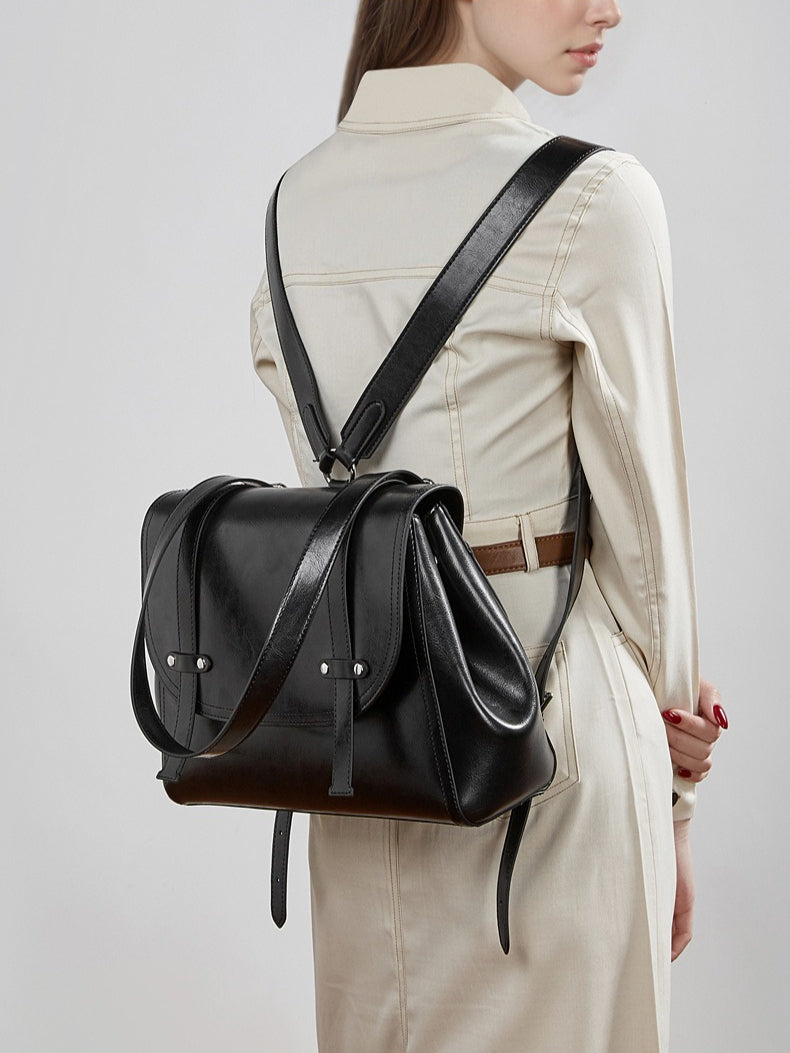 Women's Oil-Waxed Cowhide Convertible Flap Backpack