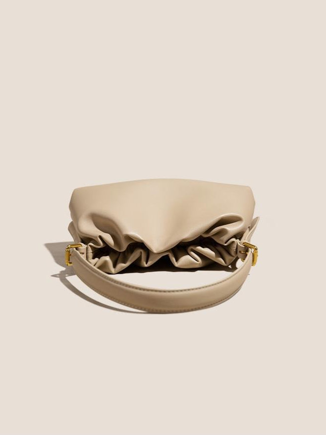 Women's Genuine Leather Ruched Cloud Clutch Bag with Detachable Strap