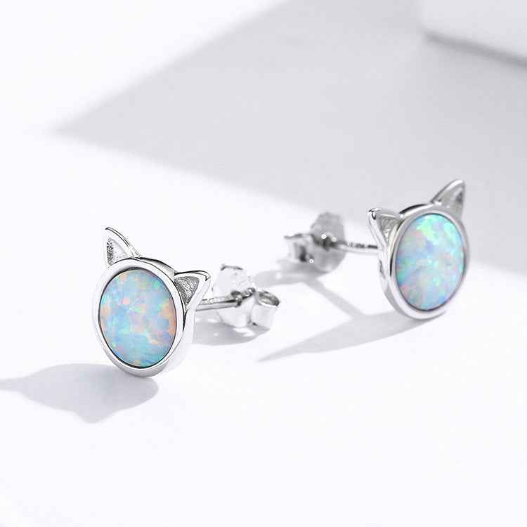 925 Sterling Silver Opal Meow Cat Ear Stud Earrings White Gold Plated