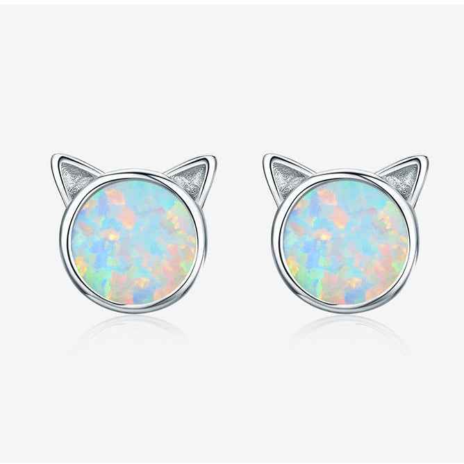 925 Sterling Silver Opal Meow Cat Ear Stud Earrings White Gold Plated
