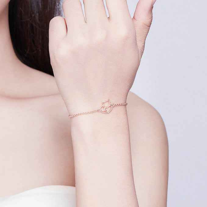 925 Sterling Silver Cat Heart Adjustable Bracelet