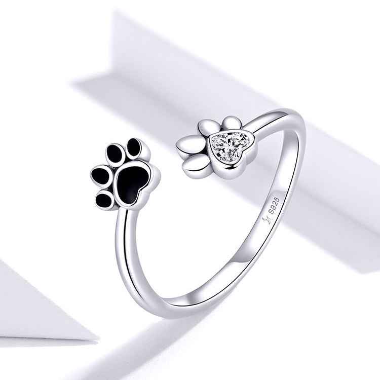 925 Sterling Silver Paw Promise Cat Paw Adjustable Ring with Heart Zircon