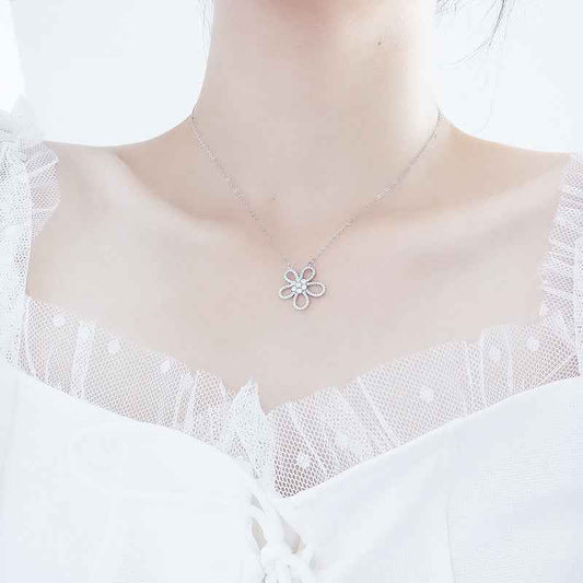 Camellia Radiance Floral Pavé Necklace 925 Sterling Silver Zircon Pendant