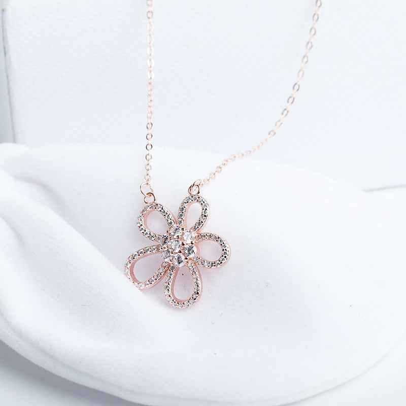 Camellia Radiance Floral Pavé Necklace 925 Sterling Silver Zircon Pendant