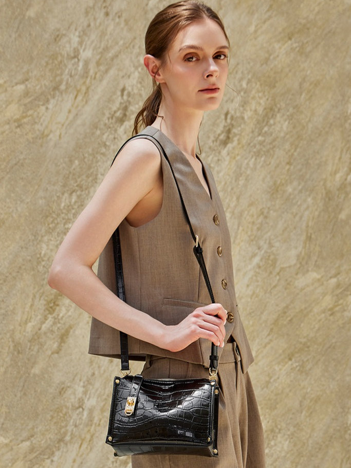 Women's Glossy Croc-Embossed Cowhide Structured Satchel