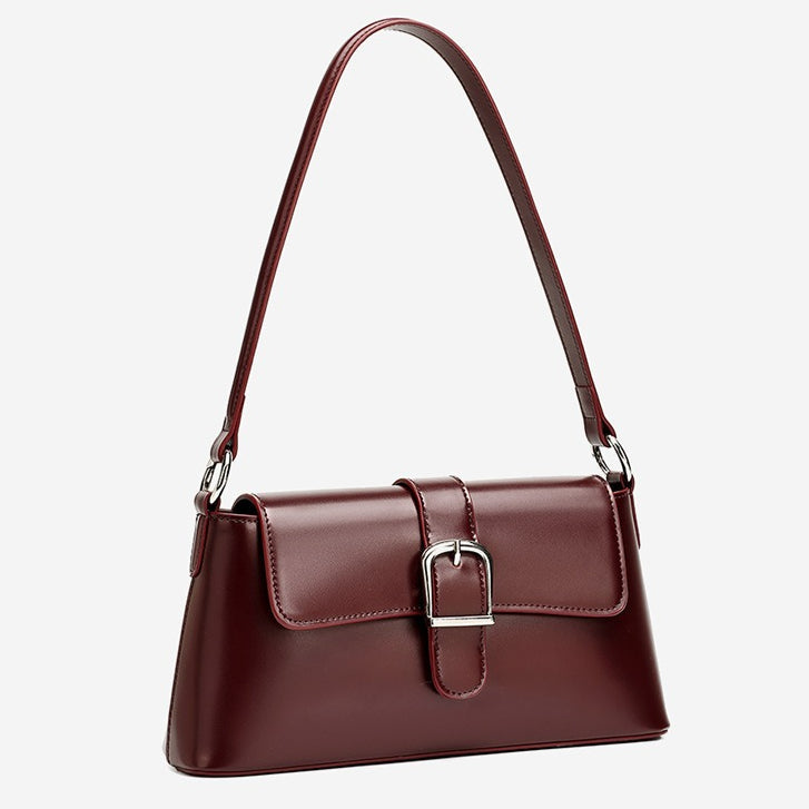 Women's Genuine Leather Vintage Baguette Shoulder Bag with Buckle