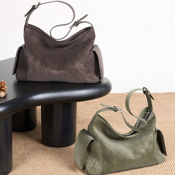Women's Full-Grain Cowhide Slouchy Shoulder Bag with Side Pockets