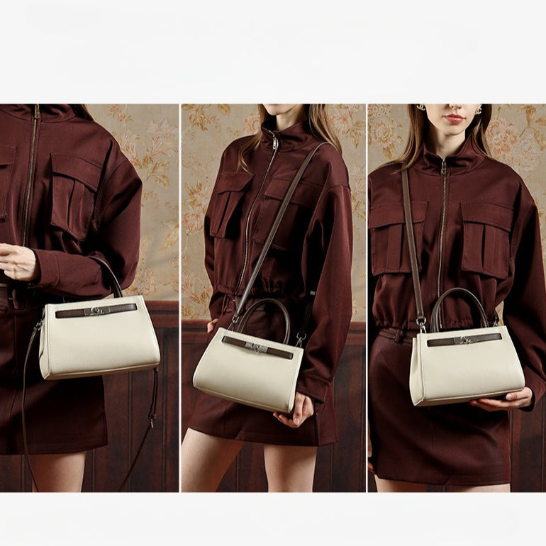Women's Nappa Cowhide Turn-Lock Satchel with Detachable Strap