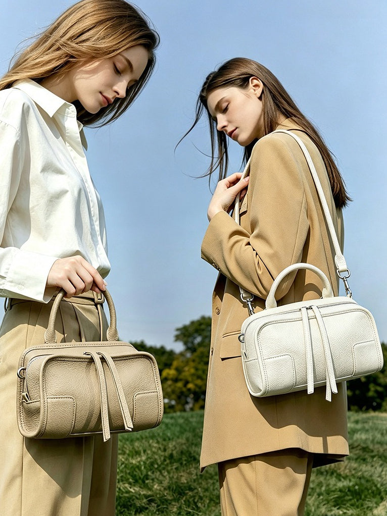 Women's Pebbled Cowhide Boston Bag with Detachable Straps