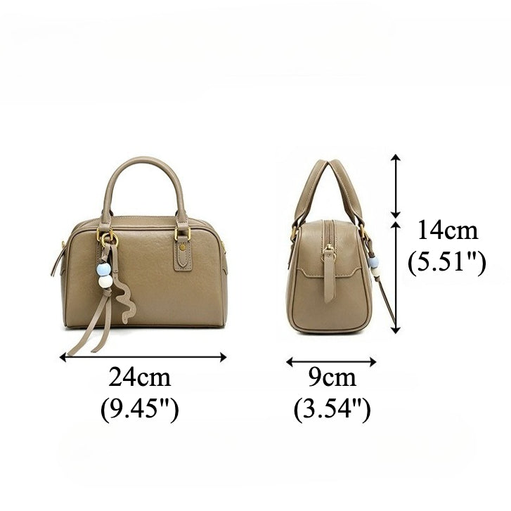 Women's Genuine Leather Boston Bag with Wavy Charm