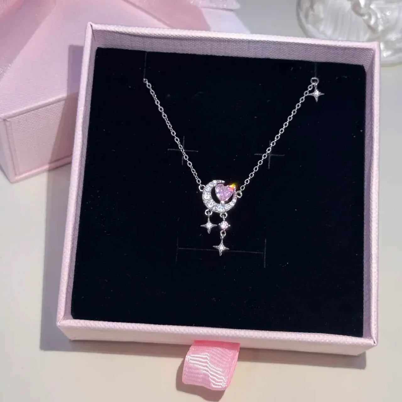 S925 Sterling Silver Heart Moon Star Jewelry Set Necklace Bracelet Earrings
