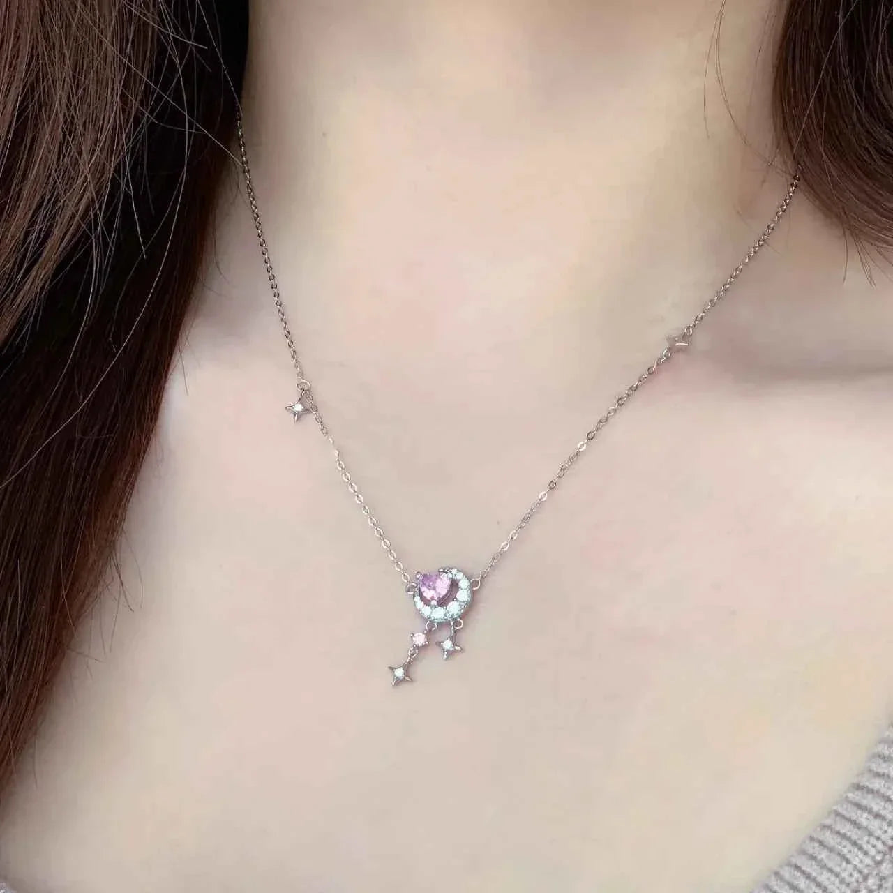 S925 Sterling Silver Heart Moon Star Jewelry Set Necklace Bracelet Earrings
