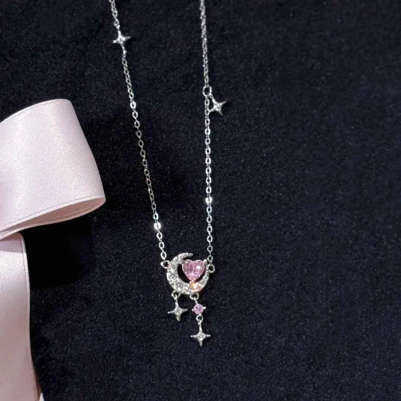 S925 Sterling Silver Heart Moon Star Jewelry Set Necklace Bracelet Earrings