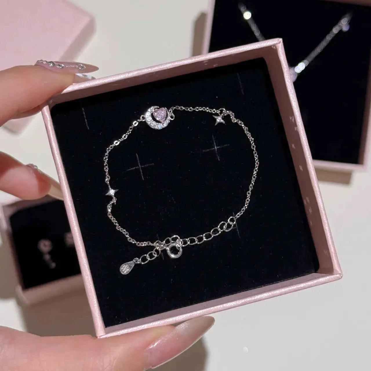 S925 Sterling Silver Heart Moon Star Jewelry Set Necklace Bracelet Earrings
