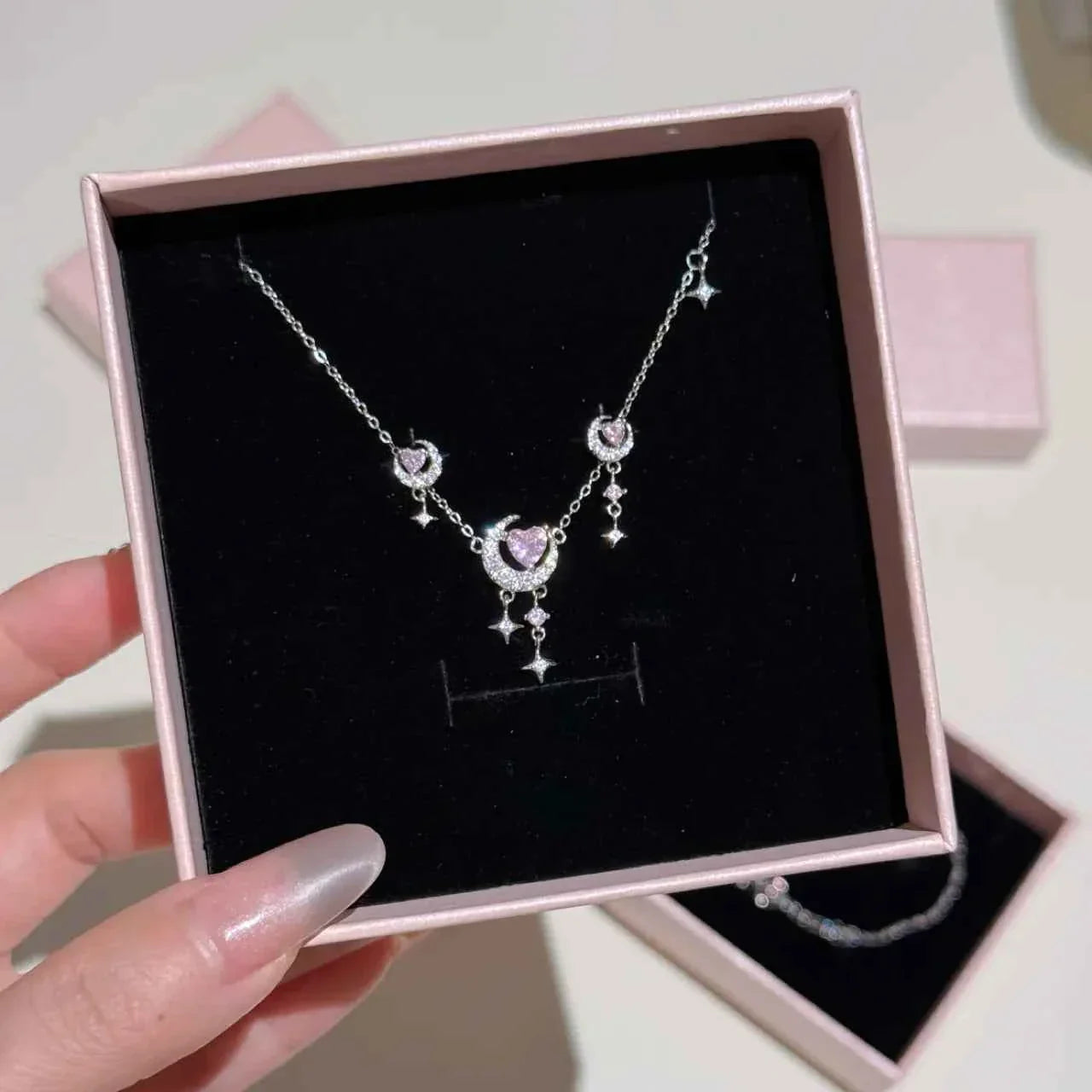 S925 Sterling Silver Heart Moon Star Jewelry Set Necklace Bracelet Earrings