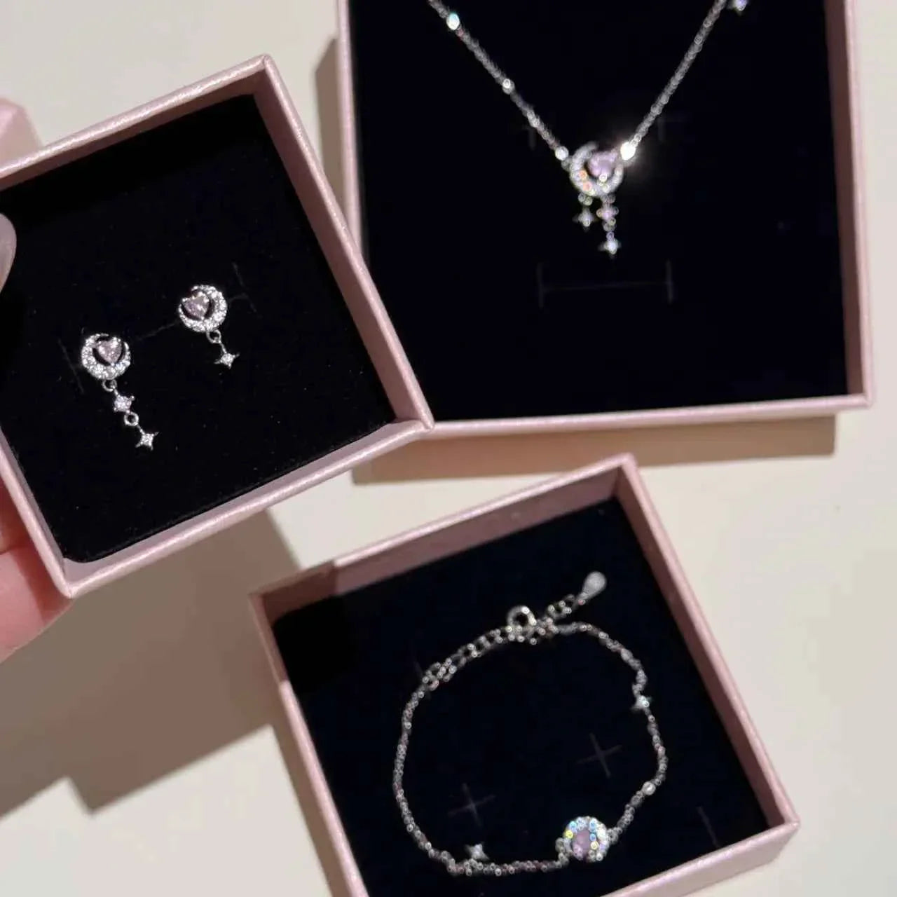 S925 Sterling Silver Heart Moon Star Jewelry Set Necklace Bracelet Earrings