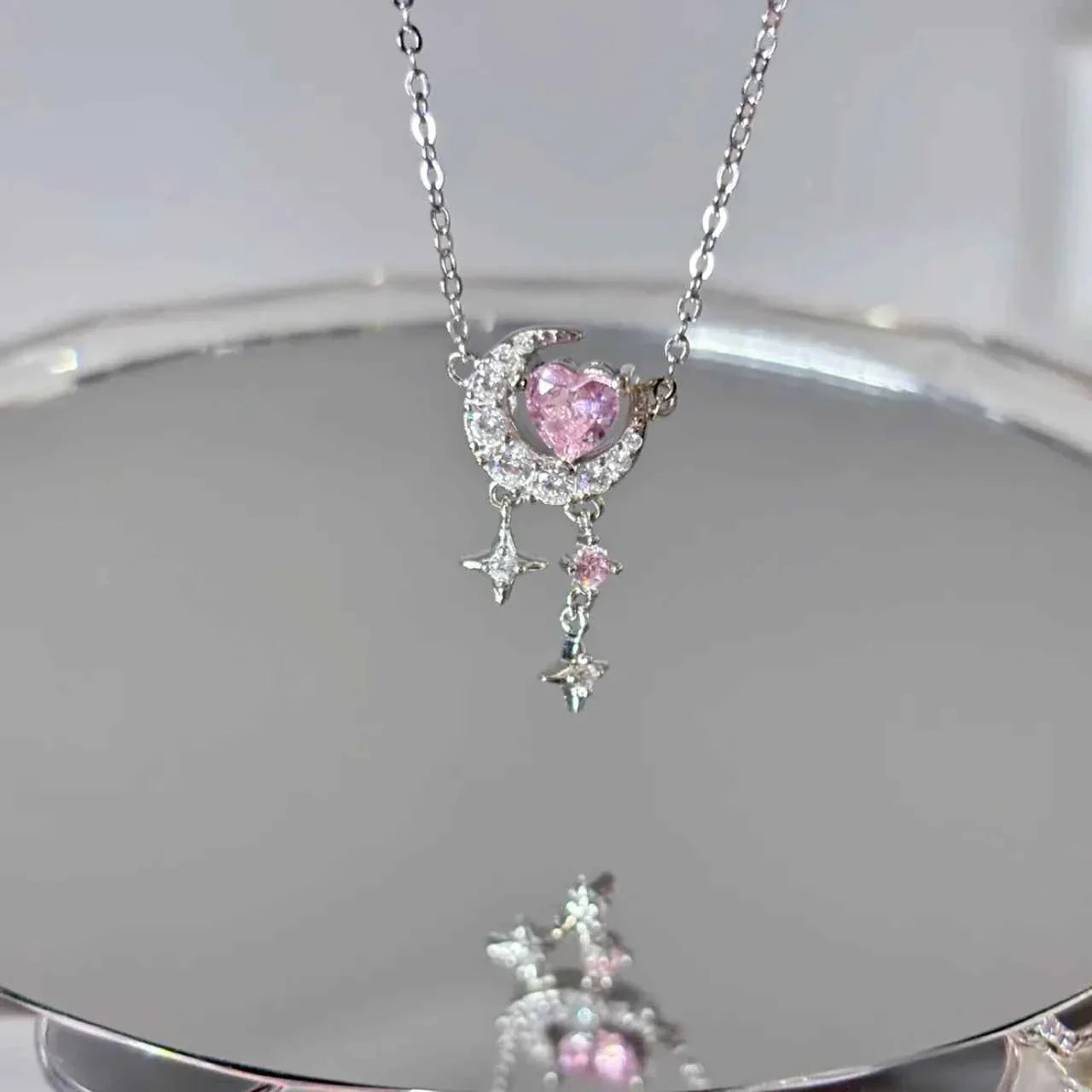 S925 Sterling Silver Heart Moon Star Jewelry Set Necklace Bracelet Earrings