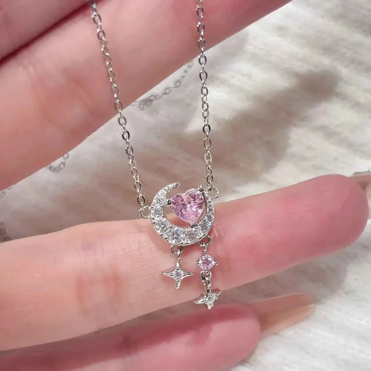 S925 Sterling Silver Heart Moon Star Jewelry Set Necklace Bracelet Earrings