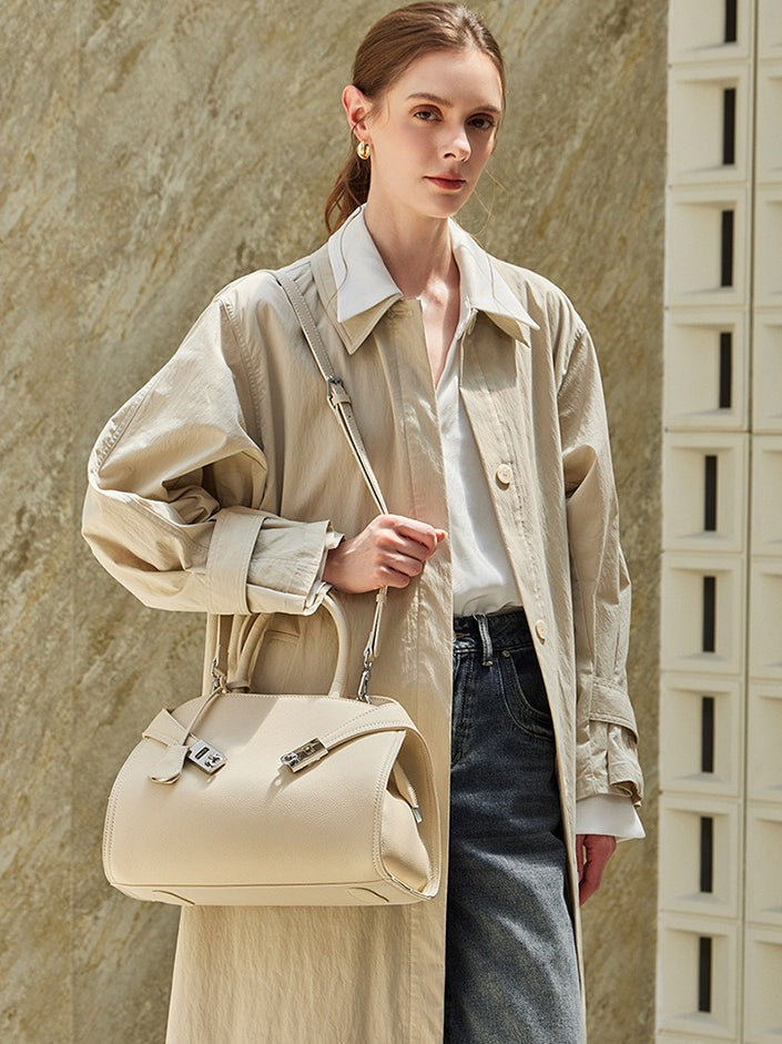 Women's Lychee-Grain Cowhide Double-Buckle Convertible Tote