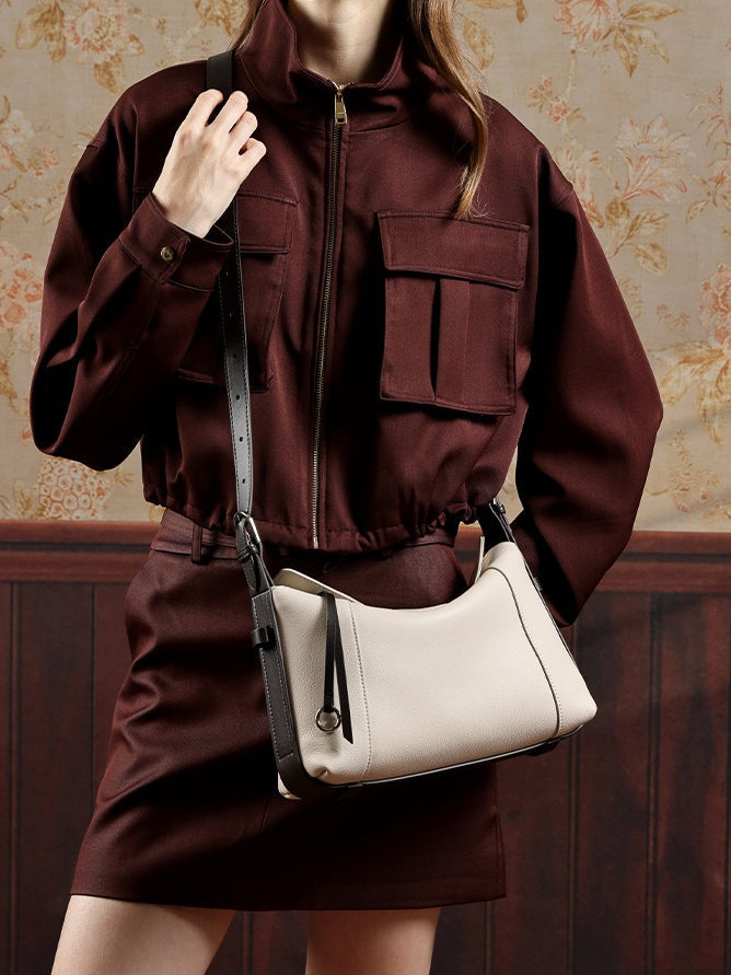 Women's Milled Cowhide Geometric Shoulder Bag with Ring Detail