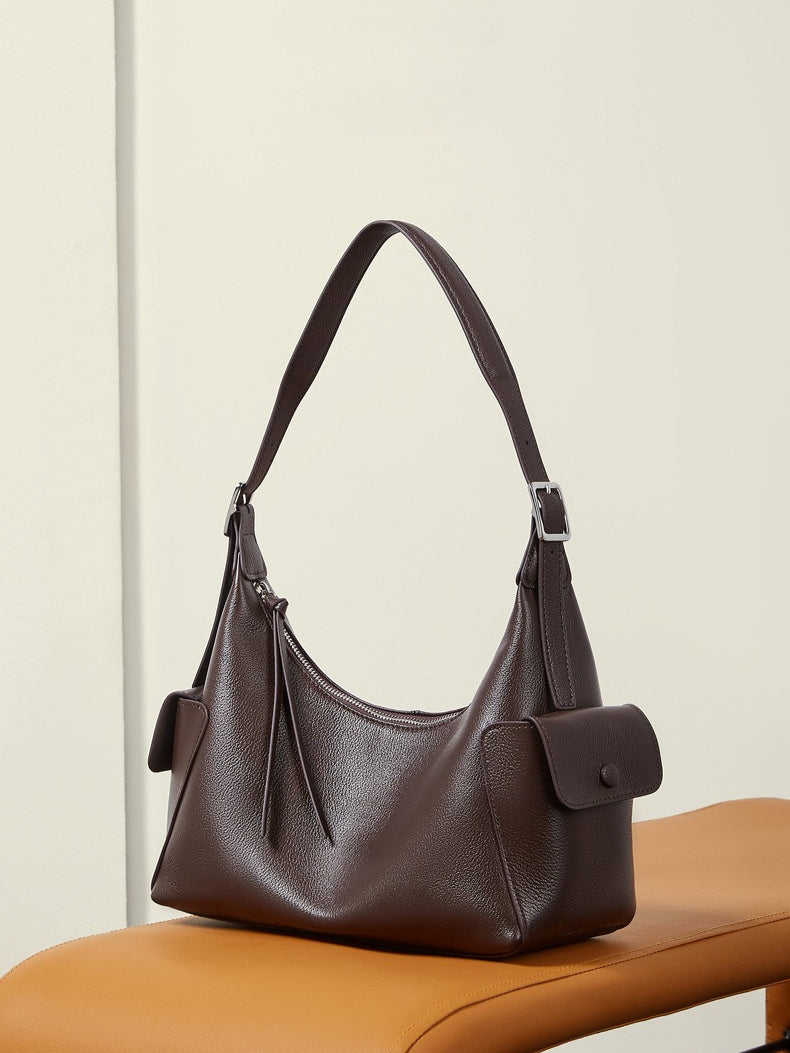 Women's Full-Grain Vegetable-Tanned Leather Tote Bag with Side Pockets