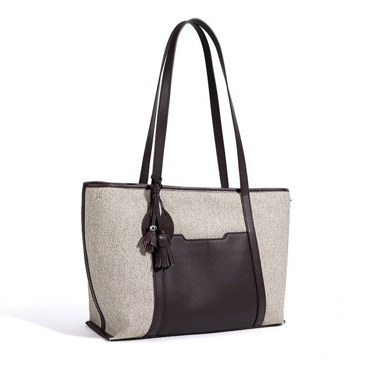 Women's Canvas Tote Bag with Genuine Leather Panels and Tassel Charm