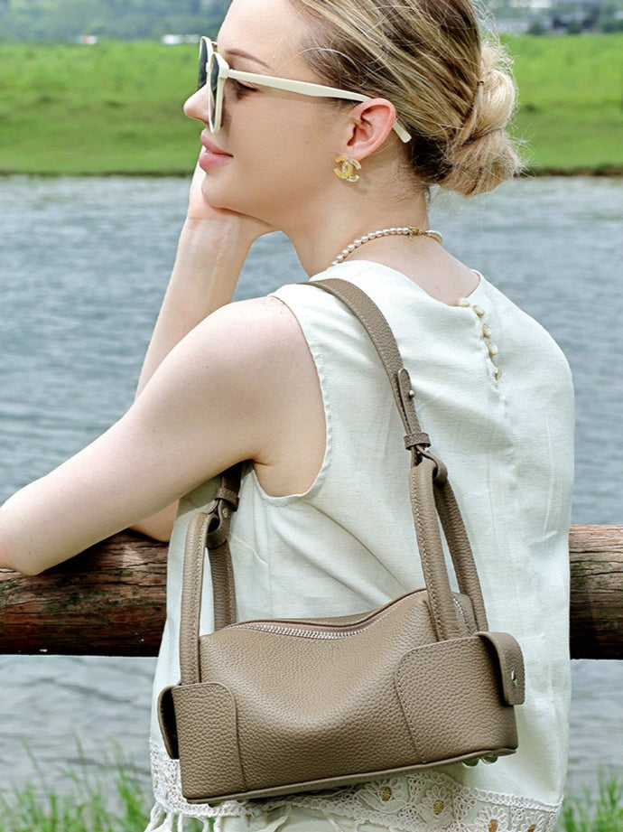 Women's Pebbled Cowhide Mini Boston Bag with Adjustable Strap