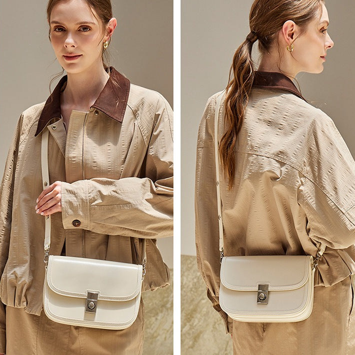 Women's Plain Cowhide Curved Satchel with Twist-Lock Closure