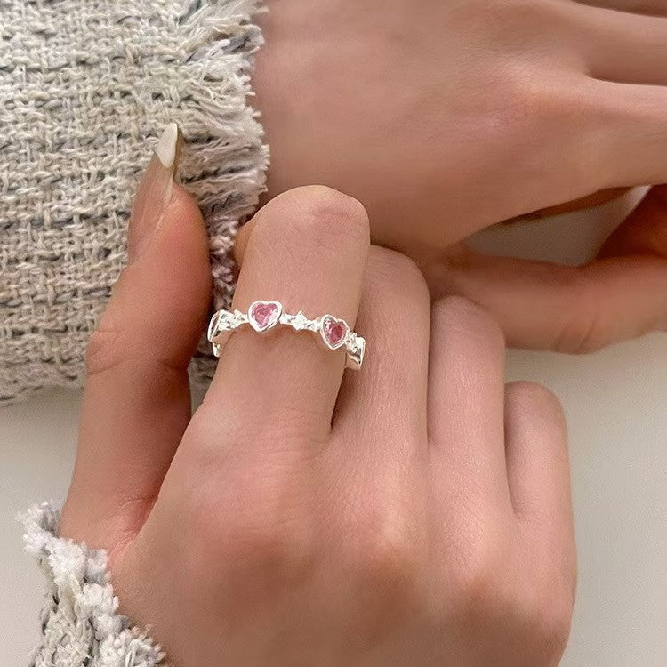 925 Sterling Silver Sweet Charm Ring Pink Zircon Bow Heart Adjustable Ring