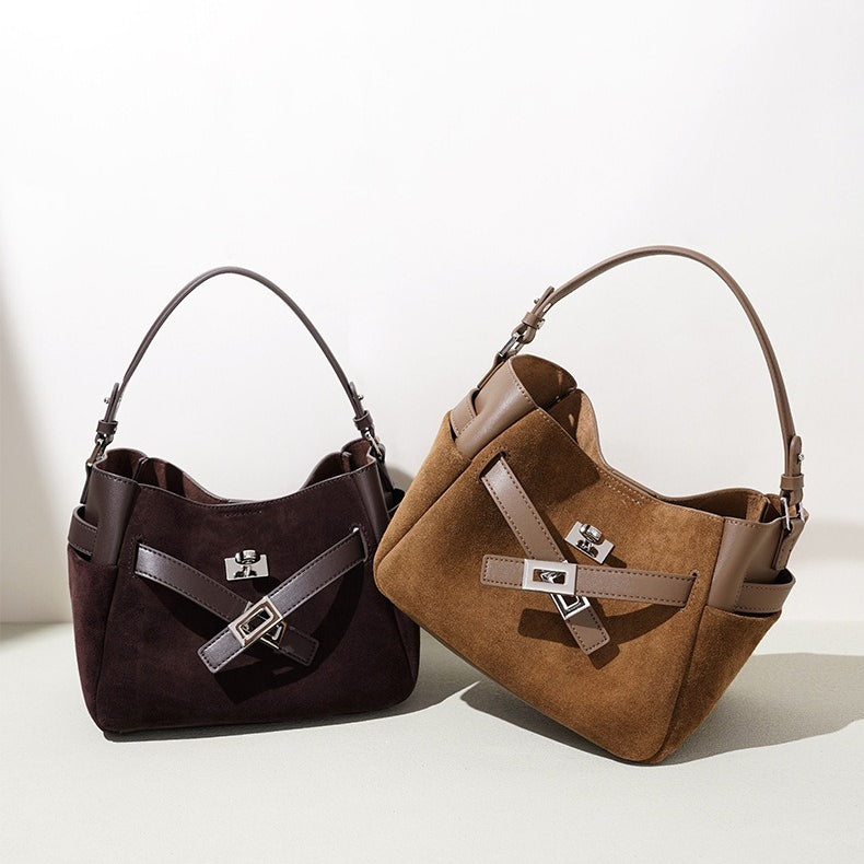 Women's Suede Cowhide Bucket Bag with Detachable Strap
