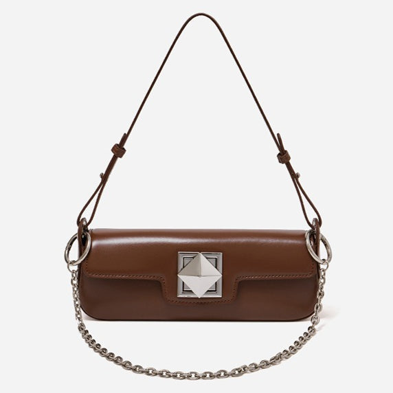 Women's Smooth Cowhide Silver-Buckle Baguette Shoulder Bag